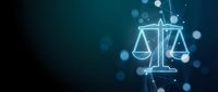 Digital justice scales glowing in blue neon light with bokeh effects and network connections on dark background for legal technology concepts.
