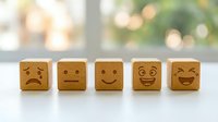 Wooden emotion cubes displaying range from sad to happy faces for customer feedback rating and satisfaction surveys in business environments.