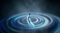 Glowing human figure standing at the center of luminous blue energy ripples on a dark background, evoking spirituality and cosmic power.