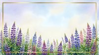 Watercolor lupine flowers border frame with purple and blue blooms on textured paper background for spring garden designs and botanical artwork.