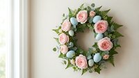Elegant spring wreath with pink roses and blue eggs on white background, perfect for Easter home decor and seasonal celebrations.