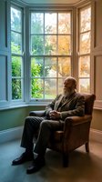 Senior Caucasian man with beard sitting in leather armchair by bay window overlooking autumn foliage, peaceful retirement lifestyle in elegant home interior.
