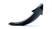Black upward curved arrow isolated on white background, symbolizing growth, progress, success, and positive business trends for financial and corporate design projects.