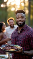 Young African American man in plaid shirt holding plate of grilled meat and sides at outdoor gathering with friends, warm sunset bokeh lighting creates festive atmosphere.