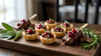 Gourmet appetizer canapes with cranberry sauce and herbs on wooden board, elegant party food presentation for holiday entertaining and catering events.