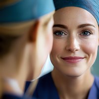 Young female medical professional in blue scrub cap smiling warmly during conversation with colleague, representing healthcare teamwork and positive workplace culture.