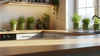 Modern kitchen interior with wooden countertop, potted herbs, under-cabinet lighting and large window for cooking and home design projects.