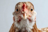 Close-up portrait of young chicken with fluffy brown and white feathers looking directly at camera on neutral background for poultry farming content.
