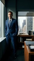 Confident middle-aged Caucasian businessman in navy suit standing by office window with city skyline view, executive leadership and corporate success concept.