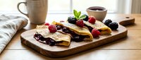 Delicious crepes filled with chocolate spread topped with fresh berries on wooden board. Breakfast dessert with raspberries and blackberries for cafe menu.