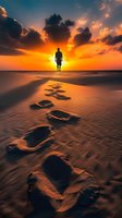 Silhouette of person standing on beach at dramatic orange sunset with footprints in sand leading to horizon, dark clouds and vibrant sky create spiritual atmosphere.