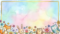 Cute cartoon animals fox rabbit owl with flowers on pastel watercolor background with gold frame, copy space for kids design.