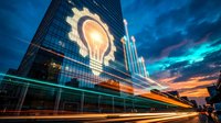 Young professional male, Caucasian ethnicity, businessman wearing formal attire standing in modern office building lobby with glowing light bulb hologram projection on glass wall, symbolizing innovation and business ideas during sunset.
