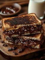 Grilled chocolate hazelnut sandwich with melted spread on wooden board, comfort food dessert for breakfast or snack time with milk glass background.