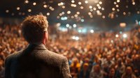 Professional speaker addressing large audience from stage with warm lighting and bokeh effects creating inspiring atmosphere for business presentations.