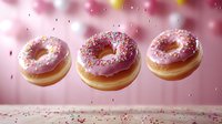 Pink glazed donuts floating in air with falling sprinkles against soft pink background. Sweet pastry levitation concept for food photography and bakery advertising.