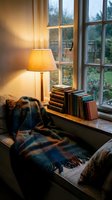 Cozy window seat with warm lamp, stacked books, and plaid blanket overlooking rainy garden. Interior design for home decor, relaxation, and reading spaces.