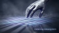 Human hand reaching toward glowing digital grid network with light beams and futuristic interface elements in dark atmospheric setting.