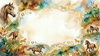 Ornate frame with horses, camels, and wildlife in watercolor style with gold decorative borders and natural landscape elements on cream background.