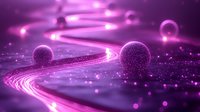 Glowing purple spheres and light trails on dark background with sparkles and bokeh effects create magical atmosphere for fantasy or science designs.