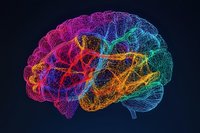 Colorful glowing brain visualization with rainbow neural network pattern on dark background shows mental activity and cognitive processes in medical science.