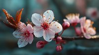 Delicate cherry blossom flowers with pink petals and red buds on branch against soft blurred background, spring blooming tree nature scene for seasonal designs.