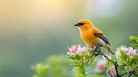 Vibrant yellow songbird perched on flowering branch against soft bokeh background, showcasing wildlife in natural habitat for nature publications.