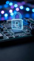 Glowing digital padlock hologram on computer circuit board representing cybersecurity data protection and network safety with colorful bokeh lights background.