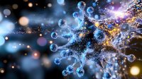 Microscopic virus particles with glowing molecular structure against dark background with bokeh lights for medical and scientific presentations.