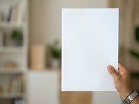 Cropped hand holding blank white paper sheet in modern home interior with blurred shelving and plants, suitable for mockup, advertising, and presentation designs.
