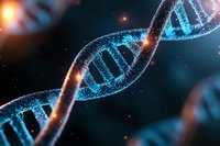 Glowing blue DNA helix structure with particles and light effects on dark background, scientific molecular genetics research visualization.