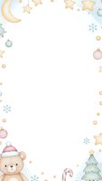 Watercolor Christmas frame with teddy bear, ornaments, stars, moon, snowflakes and tree on white background for holiday cards, invitations and festive designs.