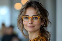 Young professional woman wearing stylish orange eyeglasses and patterned top smiles warmly at camera with natural makeup and wavy brown hair in modern office setting.