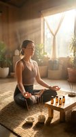 Young Caucasian woman meditating in lotus pose with incense and essential oils in a sunlit boho yoga studio, promoting wellness and mindfulness.