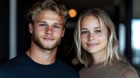Young Caucasian couple smiling at camera in casual attire against dark background, showing genuine happiness and connection in intimate portrait setting.