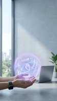 Hands holding holographic medical data sphere with heart and health analytics in modern office workspace for healthcare technology presentations.