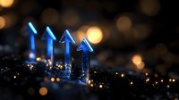 Glowing blue arrows pointing upward against dark background with golden bokeh lights creating magical business growth visualization effect.