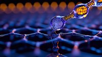 Glowing nanostructure network with interconnected nodes in blue and orange colors showing advanced technology concept for scientific research and innovation.