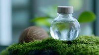 Clear glass bottle with silver cap on green moss surface in natural outdoor setting with blurred foliage background for eco-friendly packaging concepts.