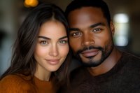 Happy interracial couple embracing at home, young woman and African American man smiling together in cozy indoor setting for relationship content.