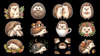 Cute hedgehog clipart set with twelve watercolor illustrations, isolated on transparent background. Great for stickers, t-shirt design, print on demand, and sublimation projects.
