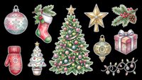 Festive Christmas clipart set with tree, ornaments, stocking, mitten, gift, star, and lights, isolated on transparent background. Great for stickers, T-shirts, print on demand.