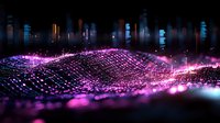 Futuristic digital landscape with glowing purple particle wave network against dark cityscape background, representing data visualization and connectivity technology.