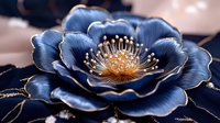 Metallic blue peony flower with golden center and delicate gilded details on dark background, luxury floral art design for modern home decor and wall art.