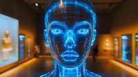 Futuristic glowing blue hologram face projection in dark museum corridor with digital biometric scanning grid pattern and illuminated displays.