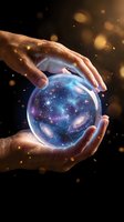 Hands protecting glowing cosmic sphere with galaxy stars and nebula inside transparent orb against dark background with golden light particles.
