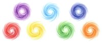 Colorful spiral swirls in purple, blue, red, yellow, green and orange isolated on white background. Suitable for design projects, web graphics, and creative applications.