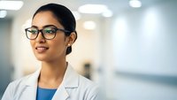 Professional Asian female doctor wearing glasses and white coat smiling confidently in modern hospital setting with soft lighting and blurred background.