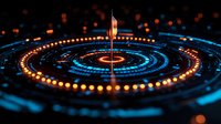 Futuristic circular technology interface with glowing orange and blue lights radiating from center point with metallic flag marker, digital data visualization concept.