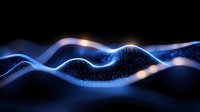 Glowing blue waves with sparkles and light effects on dark background create dynamic flowing motion pattern for technology and digital concepts.